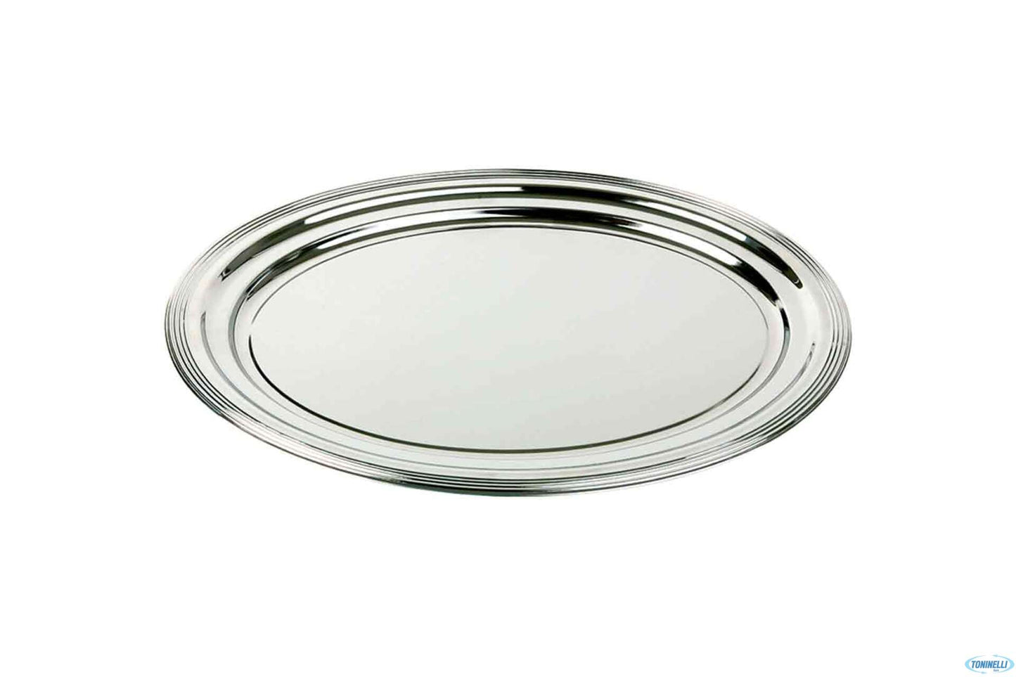 Classic-Vassoio Ovale Cm 46X34 Metallo Cromato Con Decorazione Linea, Bordo Arrotondato 00398