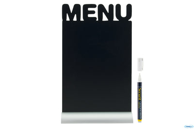 Lavagna Da Tavolo Con Scritta "Menu" Sagomata Nella Parte Alta, Base In Alluminio Cm 21X6 H 34,2 Con