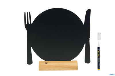 Lavagna Da Tavolo A Forma Di Piatto Con Posate, Base In Legno Cm 24X25,3X6 Con 1 Pennarello Bianco I
