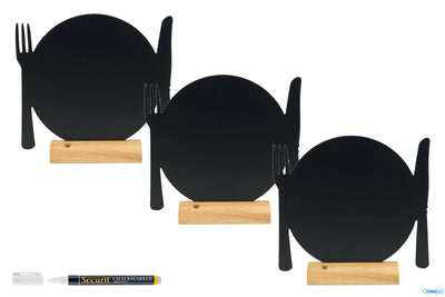 Set Da 3 Lavagnette Da Tavolo A Forma Di Piatto Con Posate, Base In Legno Cm 10X10,5X2 Con 1 Pennare