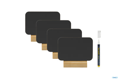 Set Da 4 Lavagnette Da Tavolo Rettangolari, Base In Legno Cm 9X7,5X2 Con 1 Pennarello Bianco Incluso