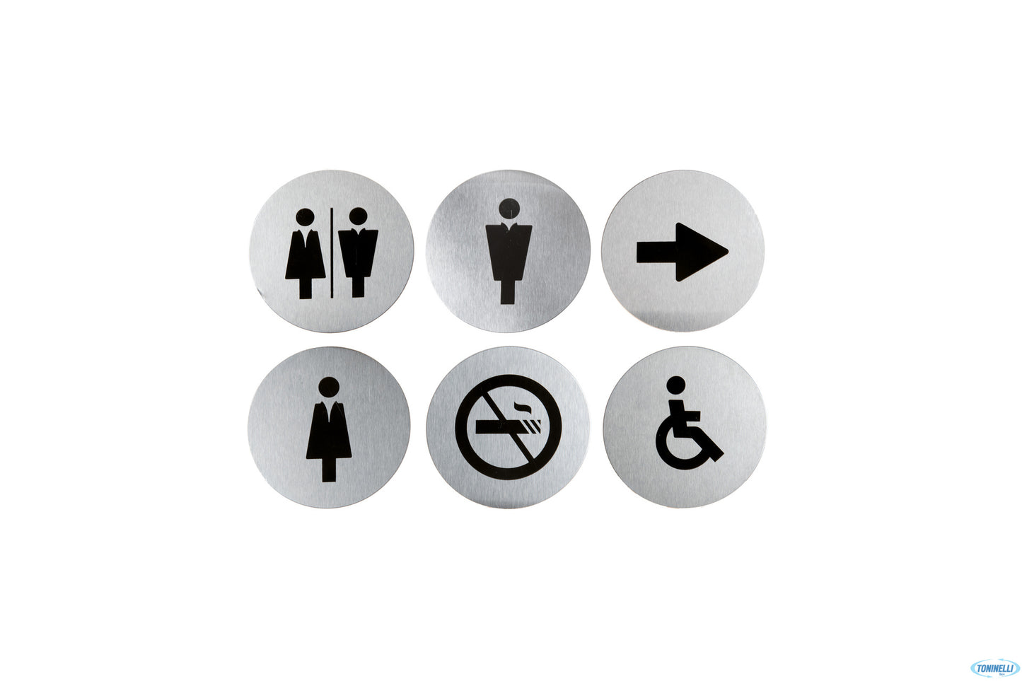 Set Da 6 Targhette Adesive In Acciaio Inox Per Porta O Muri Con Icone (Donna, Uomo, Uomo-Donna, Disa
